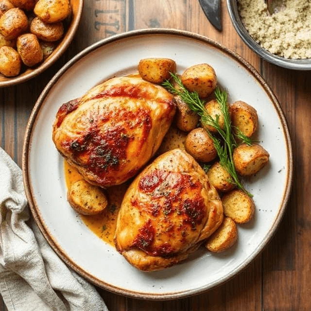 Baked chicken thighs with crispy roasted potatoes on a tray.
