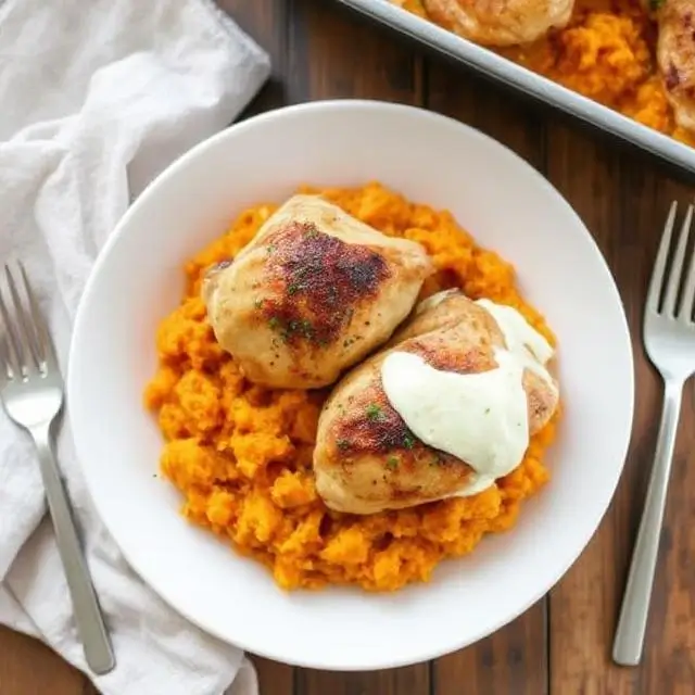 Oven-baked chicken thighs served with creamy sweet potato mash and steamed green beans on a dinner plate.