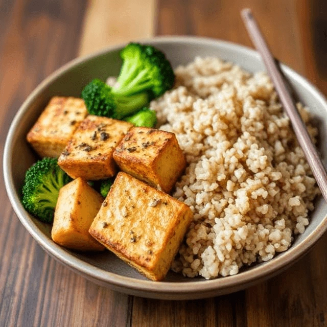 Baked tofu served with steamed broccoli and a side of brown rice on a plate.
