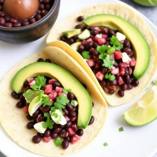 A plate of Black Bean Tacos topped with sliced avocado, fresh cilantro, and a squeeze of lime.