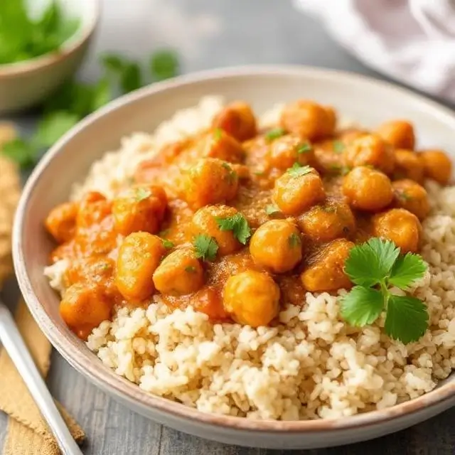 Creamy chickpea curry served over fluffy brown rice in a bowl, topped with fresh cilantro.