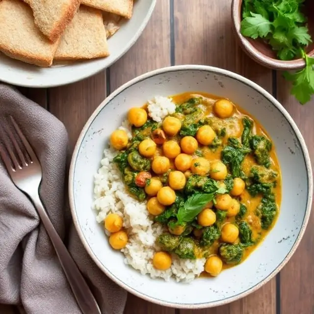 Bowl of chickpea and spinach curry served with rice and garnished with fresh cilantro.