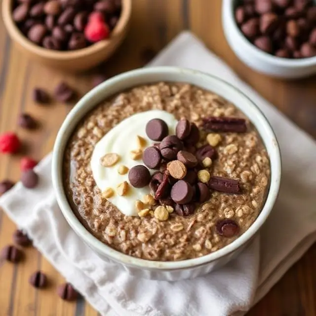 Bowl of chocolate chia energy oats topped with cacao nibs.