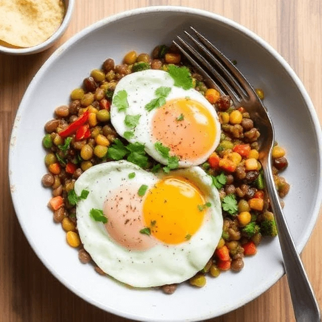 Classic lentil stir-fry with scrambled eggs and mixed vegetables in a bowl.
