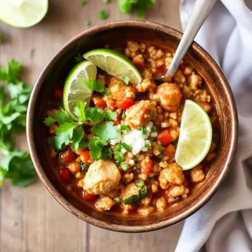 Comforting bowl of Mexican chicken quinoa stew served with fresh lime and herbs