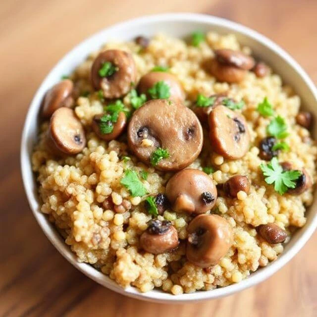 A bowl of creamy Mushroom Quinoa, with sautéed mushrooms and a rich, velvety sauce over fluffy quinoa.