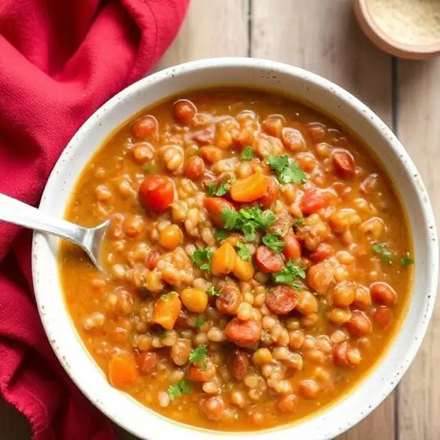 Affordable High-Protein Dinners - Bowl of creamy red lentil and barley stew garnished with fresh herbs.