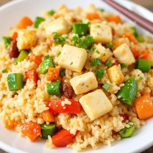 High-protein egg fried rice with mixed vegetables and tofu in a wok, garnished with green onions