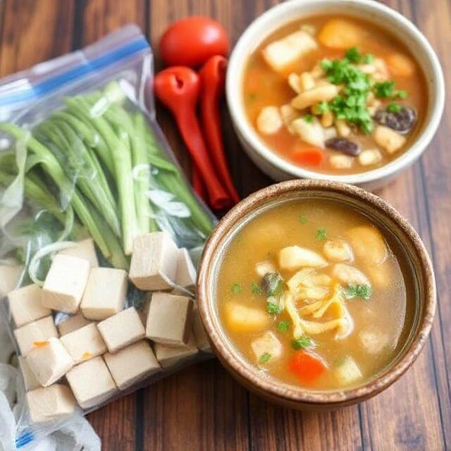 Containers of frozen tofu, stew, and soup neatly stored in a freezer.