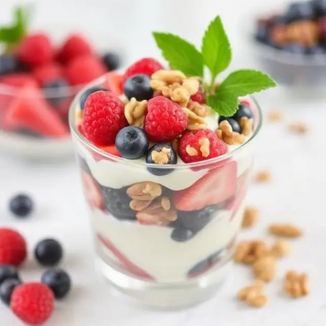 Greek yogurt parfait layered with fresh berries and crunchy nuts, a protein-rich vegetarian snack or breakfast.