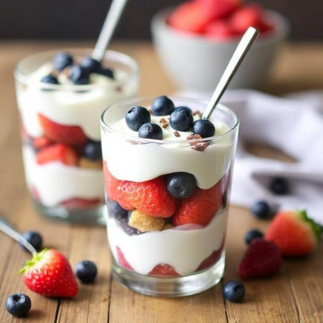 Layered Greek yogurt parfait with fresh berries, honey, and granola.