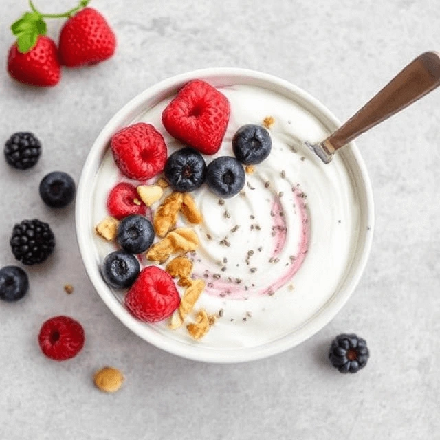 Greek yogurt topped with fresh berries, mixed nuts, and chia seeds in a white bowl.