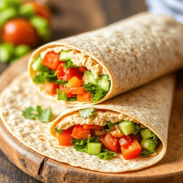Whole-grain tortilla wrap filled with hummus, fresh vegetables, and leafy greens.