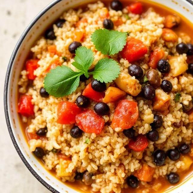 Mexican Chicken Quinoa Stew, Hearty bowl of Mexican chicken quinoa stew topped with fresh cilantro and lime wedges