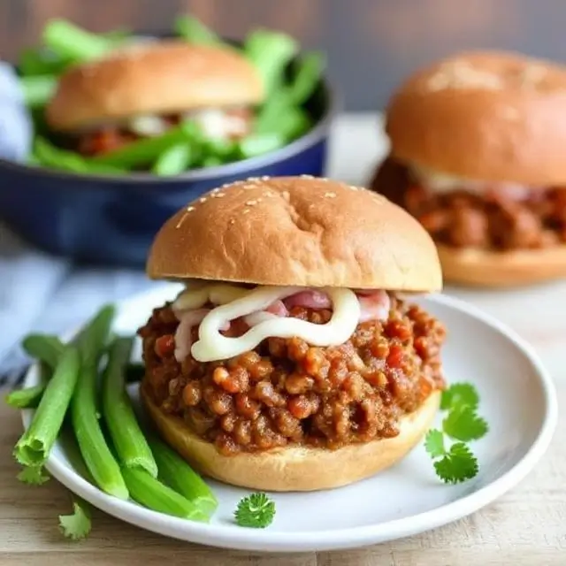 Lentil sloppy joes served on a bun with a side of veggies.
