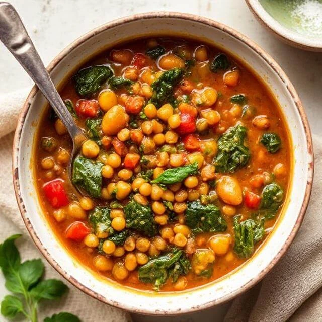 A bowl of hearty Lentil & Spinach Stew with tender lentils, fresh spinach, and a rich, spiced broth.