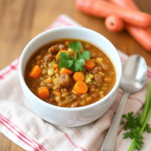 Hearty lentil stew with carrots and celery served in a rustic bowl.