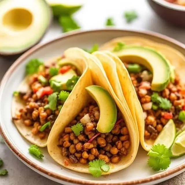 Lentil tacos with avocado, a protein-packed plant-based meal with 18g of protein.