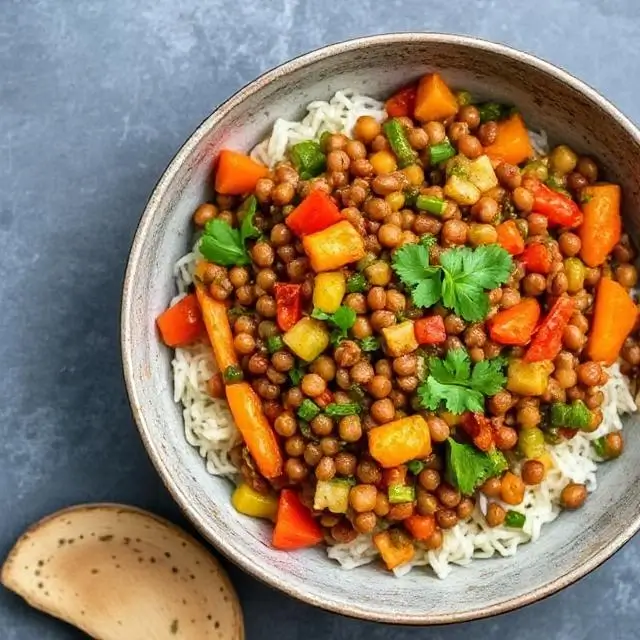 high-protein dinners on a budget. Budget-friendly lentil and vegetable stir fry served in a skillet with colorful bell peppers, carrots, and onions.