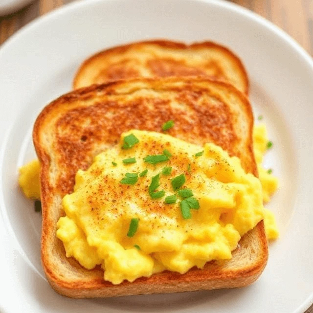Microwave scrambled eggs with toast and herbs on a plate.