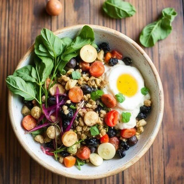A variety of vibrant plant-based dishes including a bowl of soup, grain salad, and vegetable stir-fry, all packed with fresh ingredients.