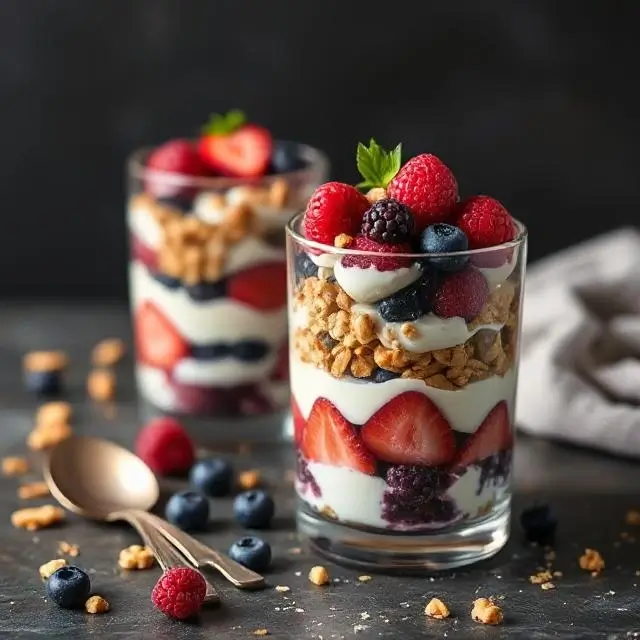 Nut and Berry Parfait Breakfast in 5 Minutes – A quick, nutritious parfait with Greek yogurt, fresh berries, nuts, and honey for a delicious, protein-packed morning meal