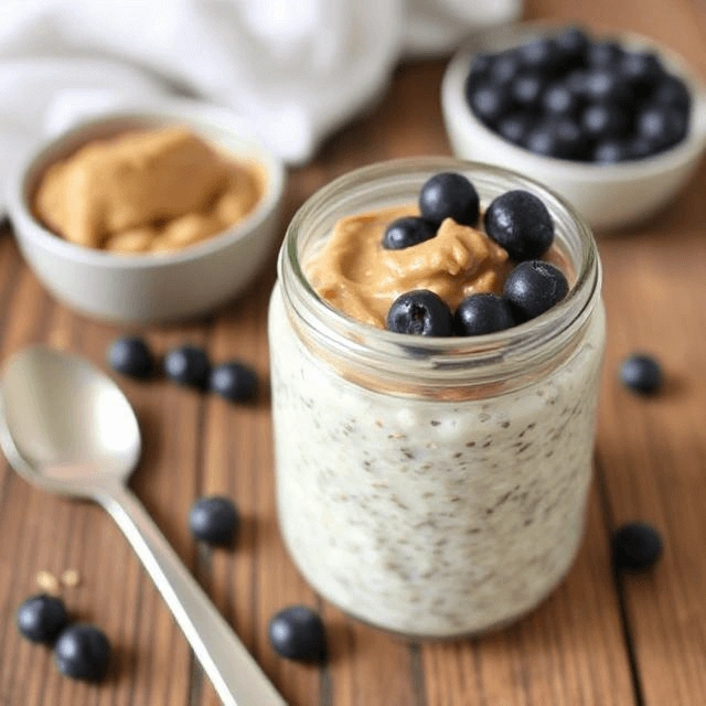 Overnight oats in a glass jar topped with almond butter, banana slices, and hemp seeds.