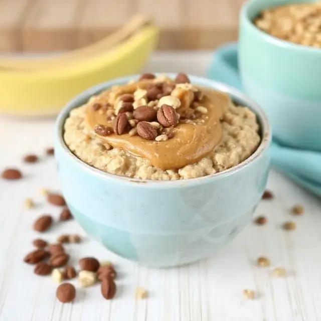 Peanut butter oatmeal topped with chia seeds, a creamy, protein-rich vegetarian breakfast