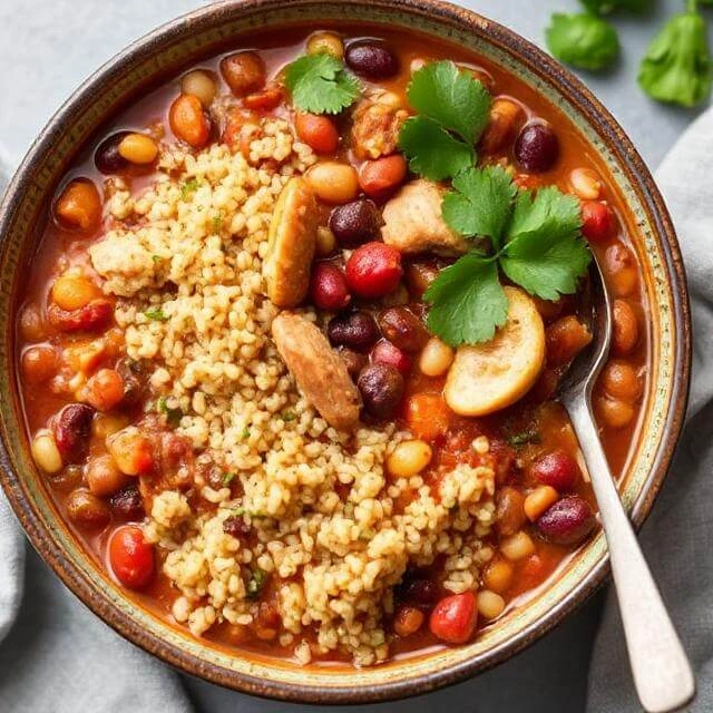 Close-up of hearty Mexican chicken quinoa stew being served from a pot with a ladle