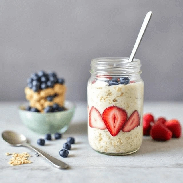Protein overnight oats in a jar with peanut butter, berries, and chia seeds.