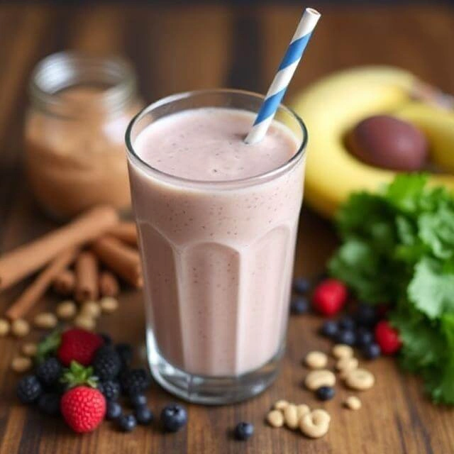 Protein smoothie with banana, spinach, and protein powder in a blender.