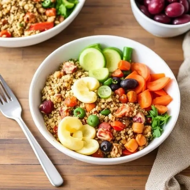 Quinoa veggie bowls topped with fresh vegetables and a light dressing.
