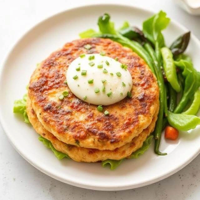 Golden salmon patties on a plate with a side of greens and lemon wedges