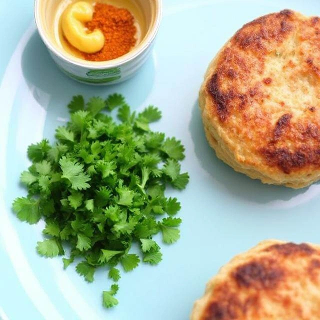 Small bowls of Dijon mustard, chili flakes, smoked paprika, parsley, and dill arranged beside salmon patties.