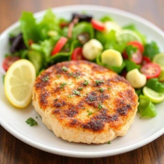 Crispy salmon patties served with a fresh side salad of greens, tomatoes, and cucumber.