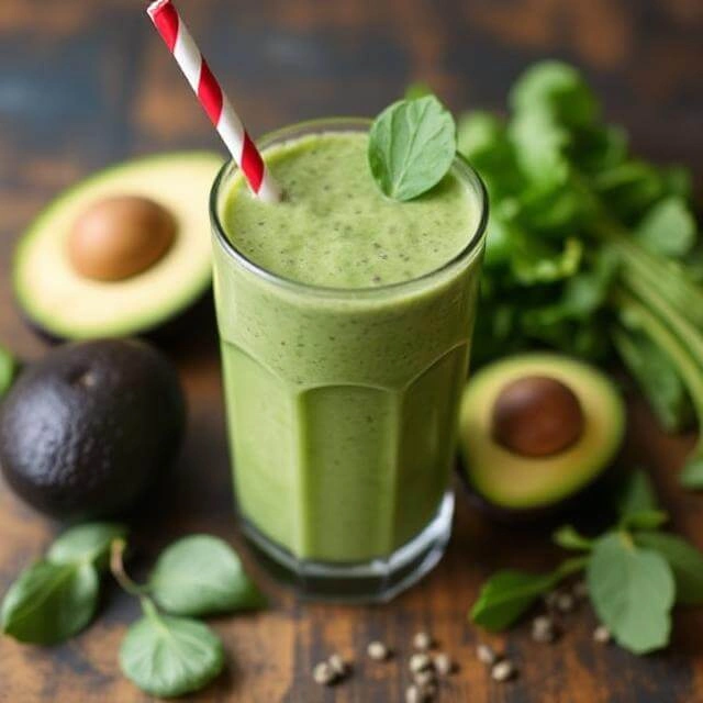 Glass of spinach and avocado smoothie with a straw, surrounded by fresh spinach and avocado slices.