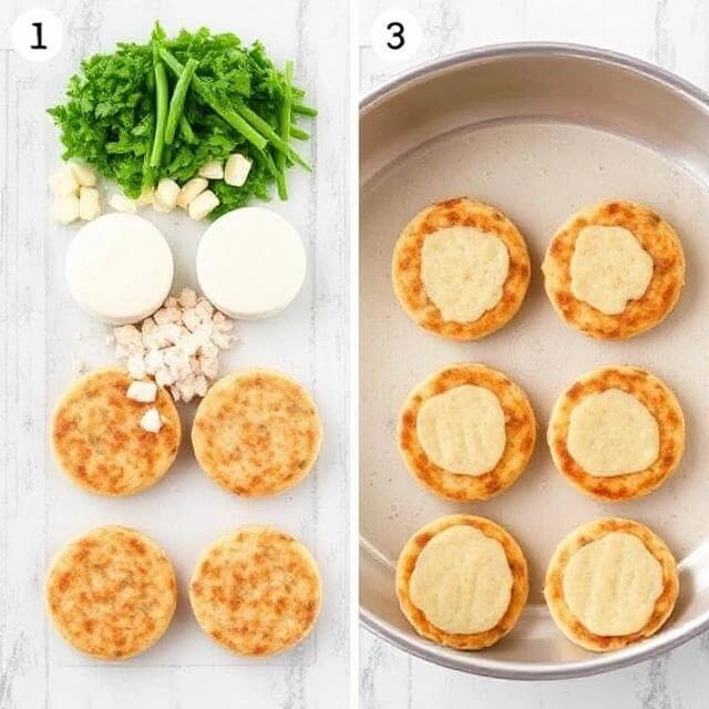 Step-by-step images showing the process of mixing, shaping, and frying salmon patties.
