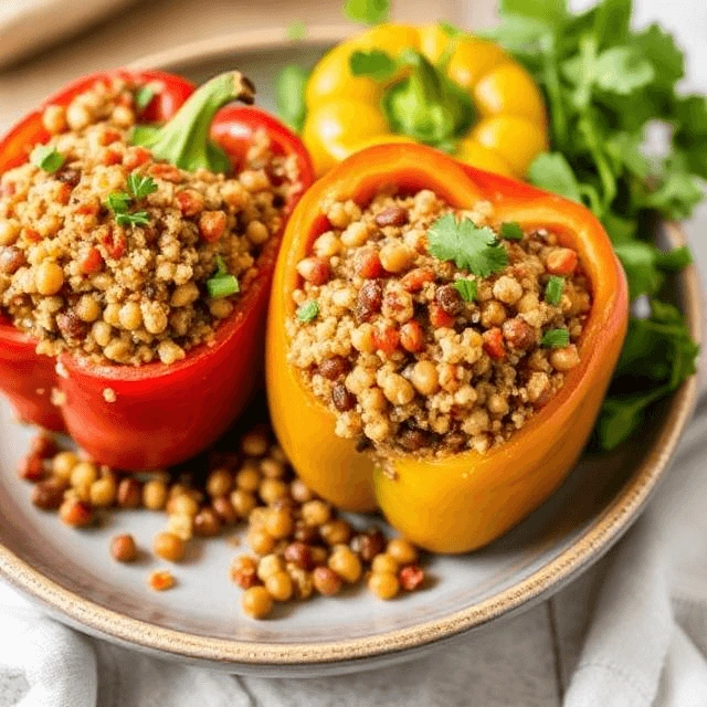 Baked bell peppers stuffed with quinoa, lentils, and herbs, served on a white plate
