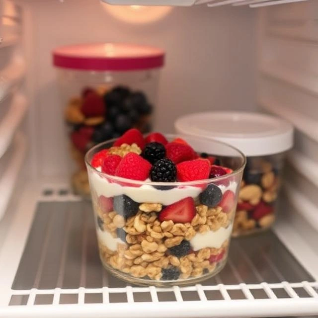 A close-up image of a nut and berry placed inside a fridge, showcasing the vibrant colors and fresh appearance.
