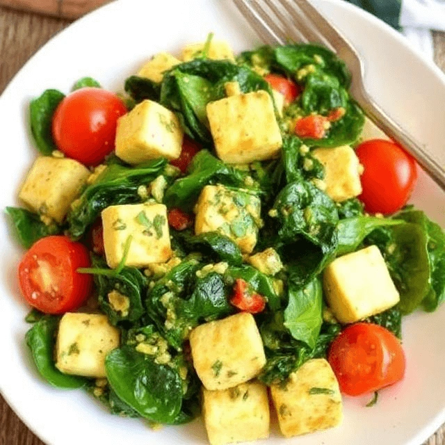 Tofu scramble with wilted spinach and cherry tomatoes served in a skillet.