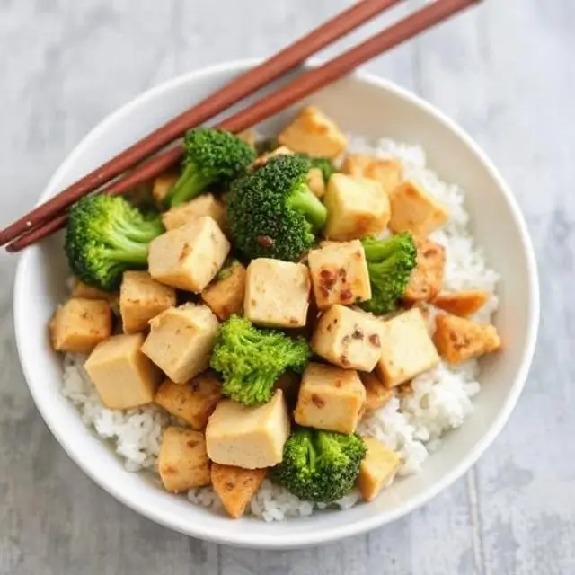 Tofu stir-fry with broccoli and colorful vegetables in a wok.