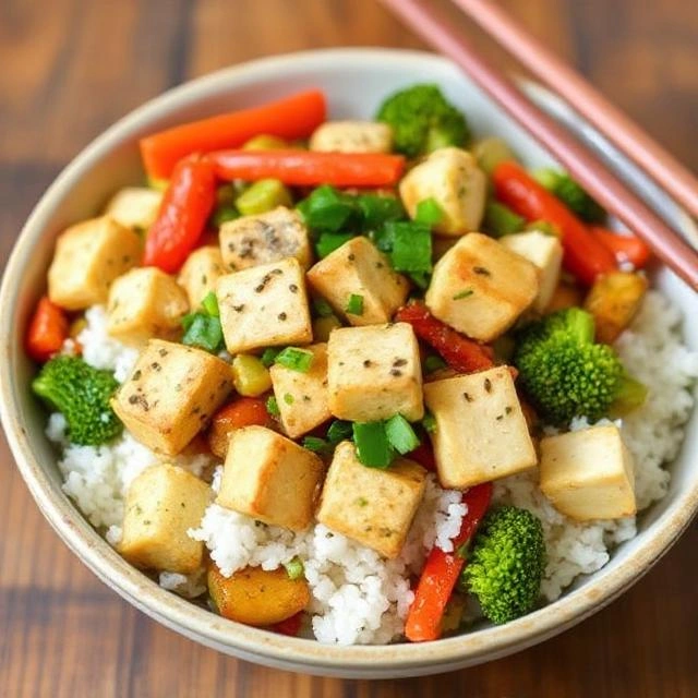 Tofu stir-fry with colorful veggies, a high-protein vegan meal with 22g of protein.