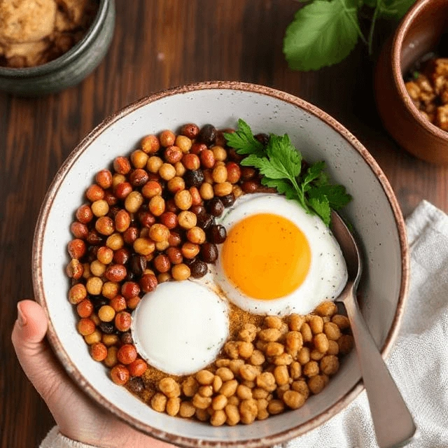 Savory breakfast bowl with lentils, beans, eggs, and greens.