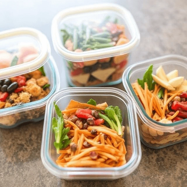 Meal prep containers filled with balanced portions of rice, vegetables, and protein for the week.