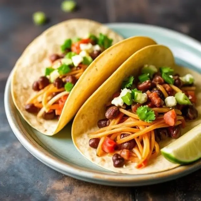 Vegan black bean tacos filled with black beans, avocado, and fresh toppings.