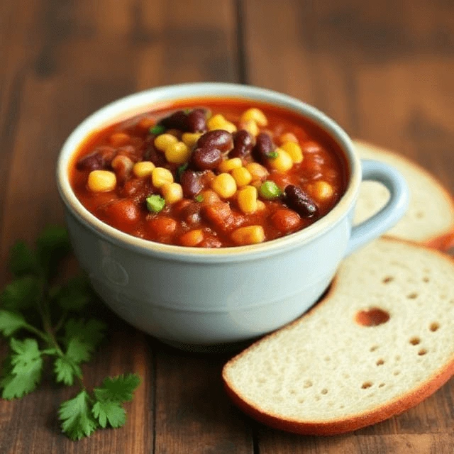Bowl of vegan chili with kidney beans, corn, and tomato sauce garnished with fresh herbs
