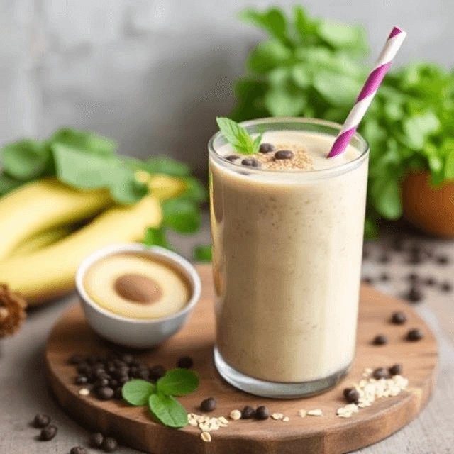 Vegan protein smoothie made with oat milk, pea protein powder, and fresh fruit, served in a glass