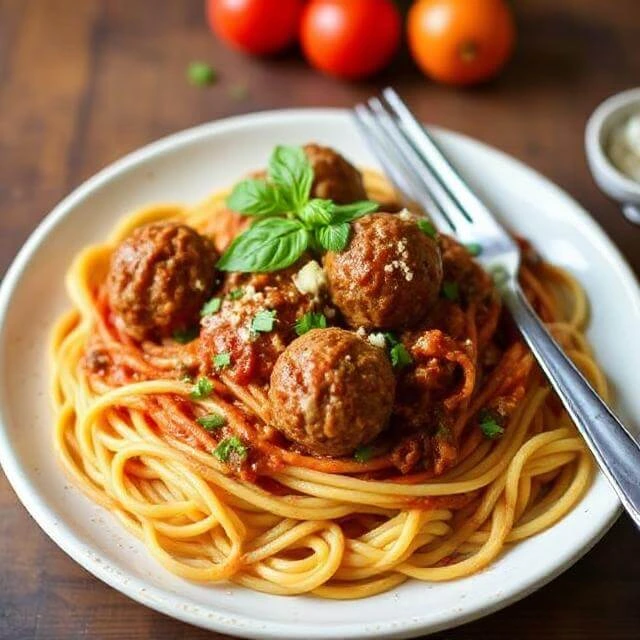 A plate of vegan spaghetti topped with lentil meatballs, fresh marinara sauce, and a sprinkle of herbs.