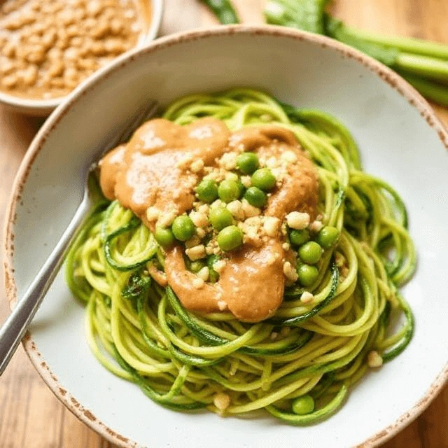 Zucchini noodles topped with edamame and drizzled with creamy peanut sauce in a bowl.