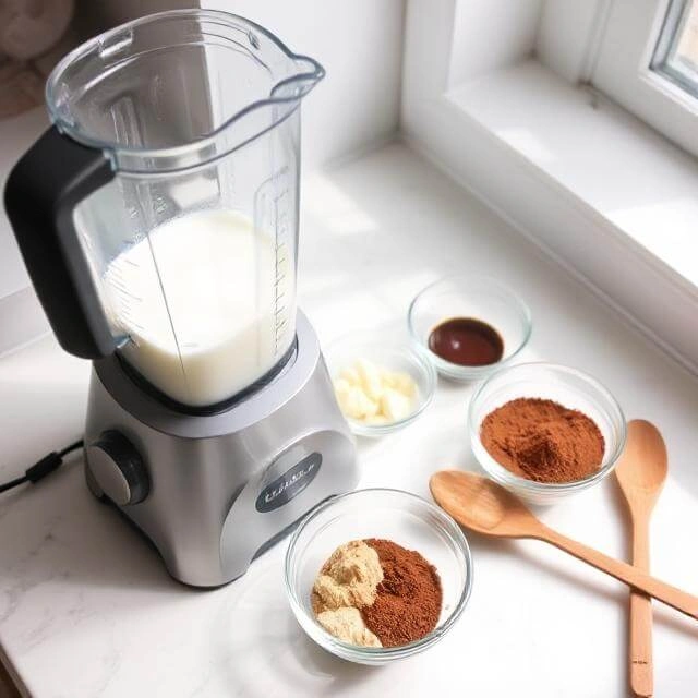 A spoon adding vanilla extract and cinnamon into a blender with banana and protein powder.